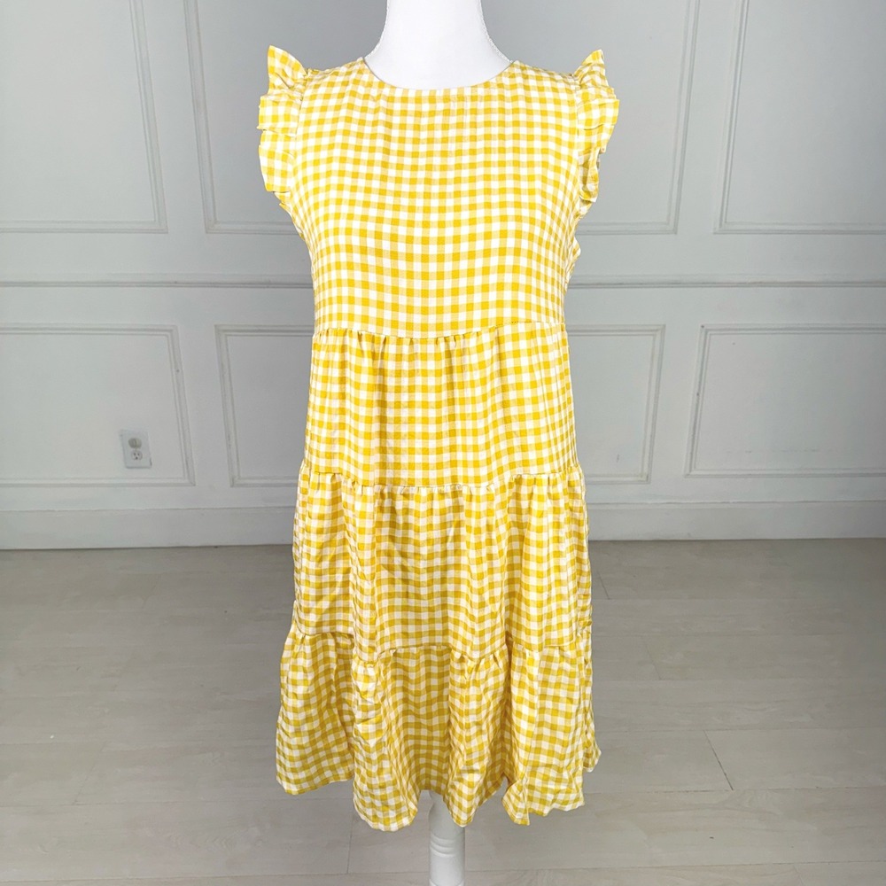 KIRUNDO Tiered Mini Dress Womens Medium Yellow Gingham Ruffle Sleeve Checkered